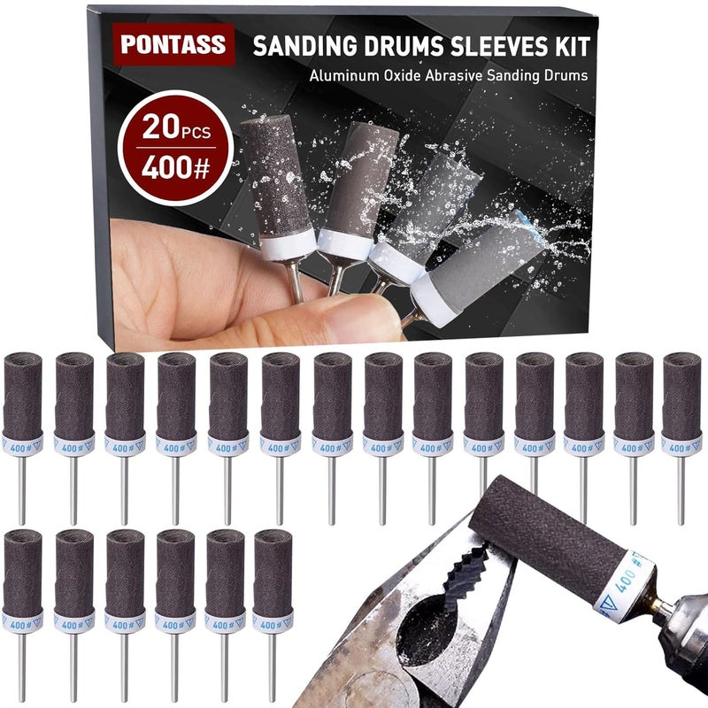 PONTASS 400 Grit 20 Pcs Sanding Drums for Dremel Rotary Tools Accessories, Sanding Bits Kit for Dremel Sanding Bands with 1/8 inch Shank, Sandpaper Sticks Set for Plastic Wood Metal Grinding Polishing - Image 1